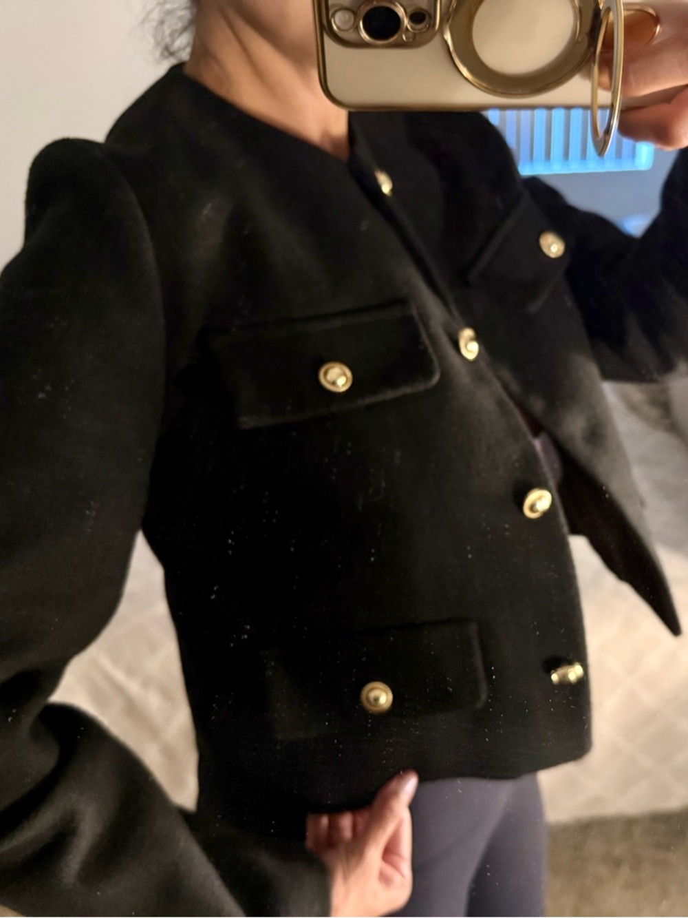 ZARA Black Textured Boxy Jacket with Gold Buttons